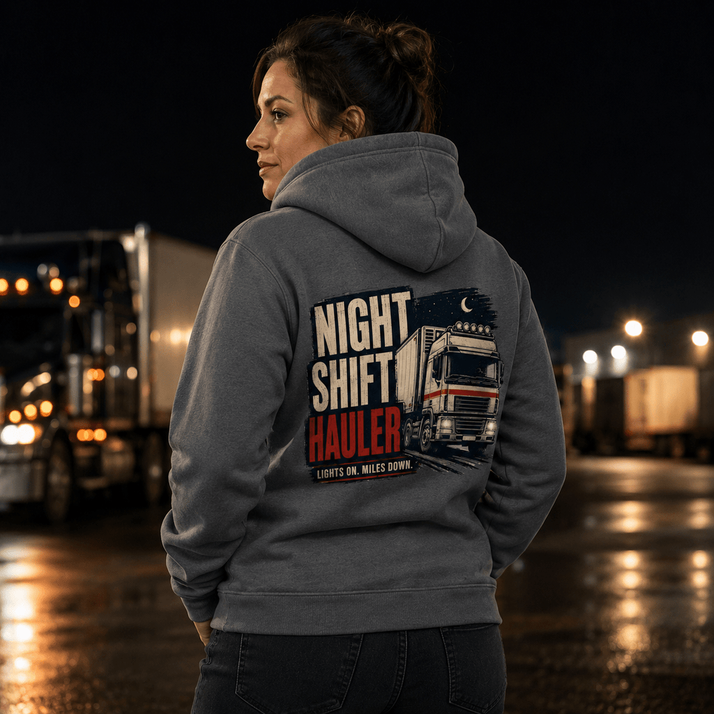 Person wearing a hoodie with 'Night Shift Hauler' design in a trucking yard at night.