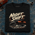 Muscle Car Graphic T-Shirt – Night Shift V8 Night Drive, folded front main hero on a worn automotive workbench – car-ts-0073