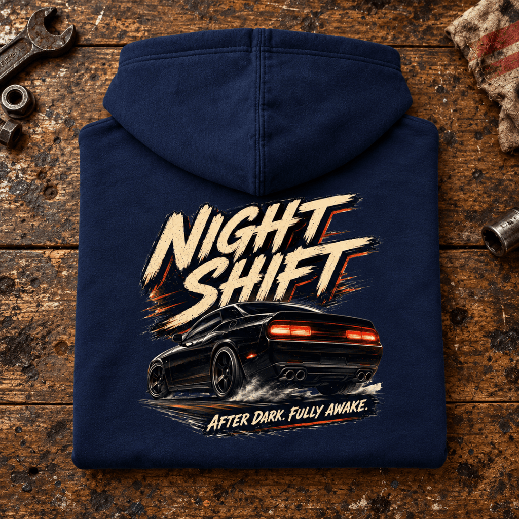 Muscle Car Graphic Hoodie – Night Shift V8 Night Drive, folded back main hero on a worn automotive workbench – car-hd-0073