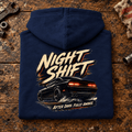 Muscle Car Graphic Hoodie – Night Shift V8 Night Drive, folded back main hero on a worn automotive workbench – car-hd-0073