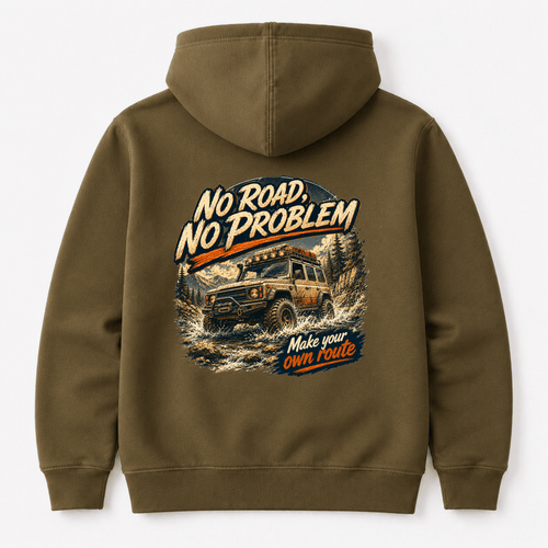 Camberline Cars No Road No Problem 4x4 Hoodie in Combat Green showing back graphic