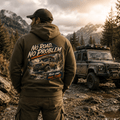 Model wearing Camberline Cars No Road No Problem 4x4 Hoodie in Combat Green, styled for car and 4x4 culture