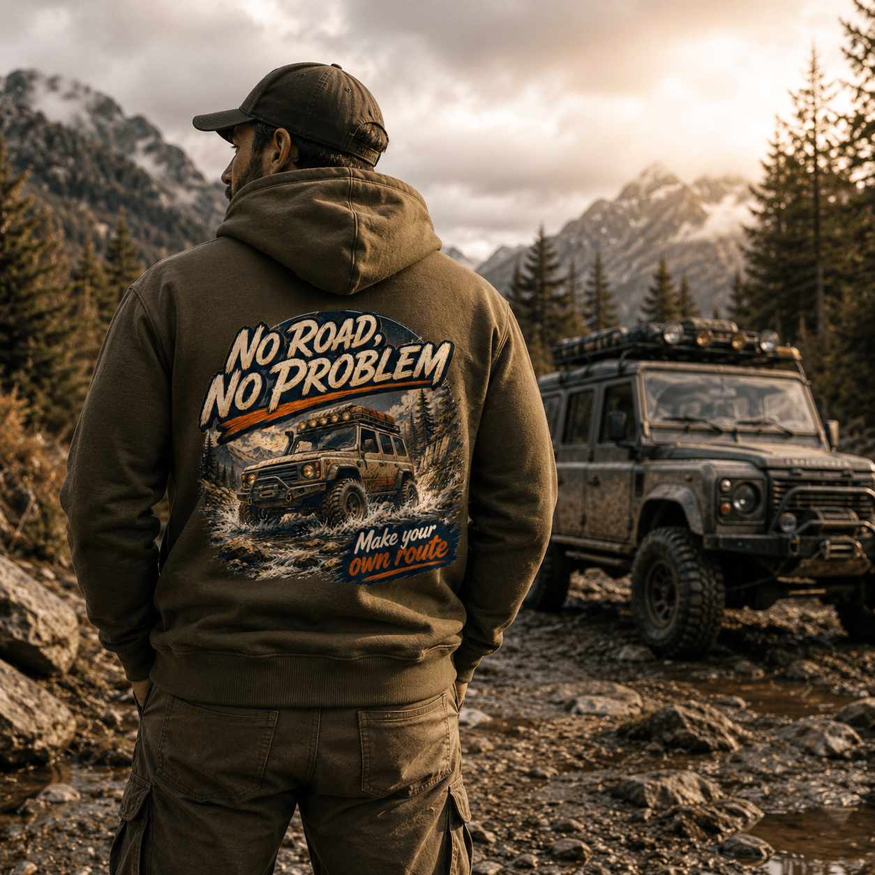 Model wearing Camberline Cars No Road No Problem 4x4 Hoodie in Combat Green, styled for car and 4x4 culture