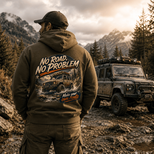 Model wearing Camberline Cars No Road No Problem 4x4 Hoodie in Combat Green, styled for car and 4x4 culture