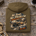 Folded combat green No Road No Problem Adventure hoodie back on a workshop bench — car-hd-0090