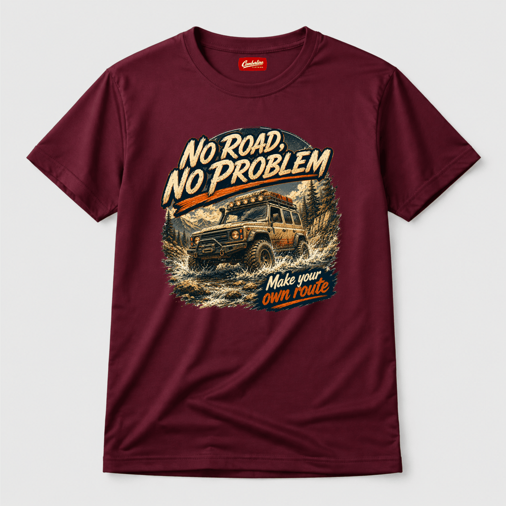 Camberline Cars No Road No Problem 4x4 T-Shirt in Maroon showing front graphic