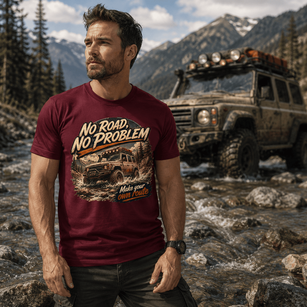 Model wearing Camberline Cars No Road No Problem 4x4 T-Shirt in Maroon, styled for car and 4x4 culture