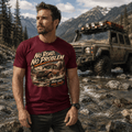 Model wearing Camberline Cars No Road No Problem 4x4 T-Shirt in Maroon, styled for car and 4x4 culture