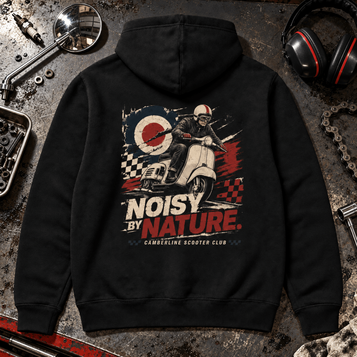 Noisy by Nature vintage scooter black hoodie back hero on a tuning bench