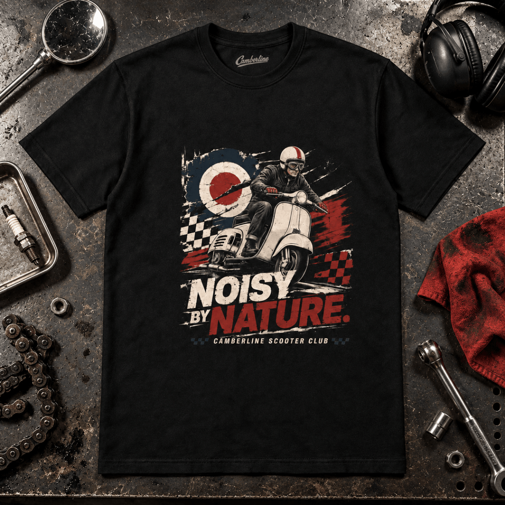 Noisy by Nature vintage scooter black T-shirt front hero on a tuning bench