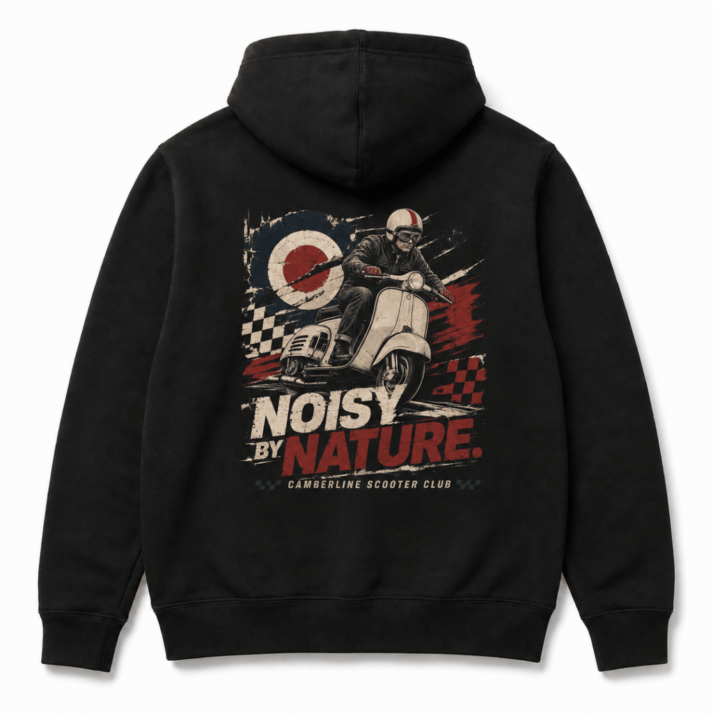Back product view of the black Noisy by Nature scooter graphic hoodie