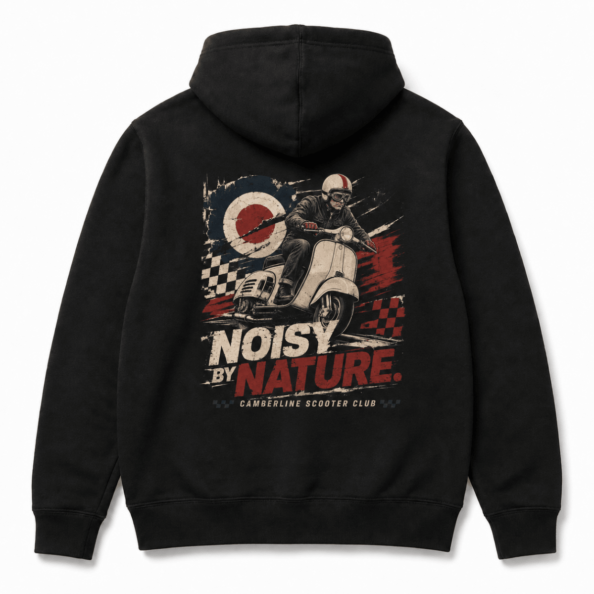 Back product view of the black Noisy by Nature scooter graphic hoodie
