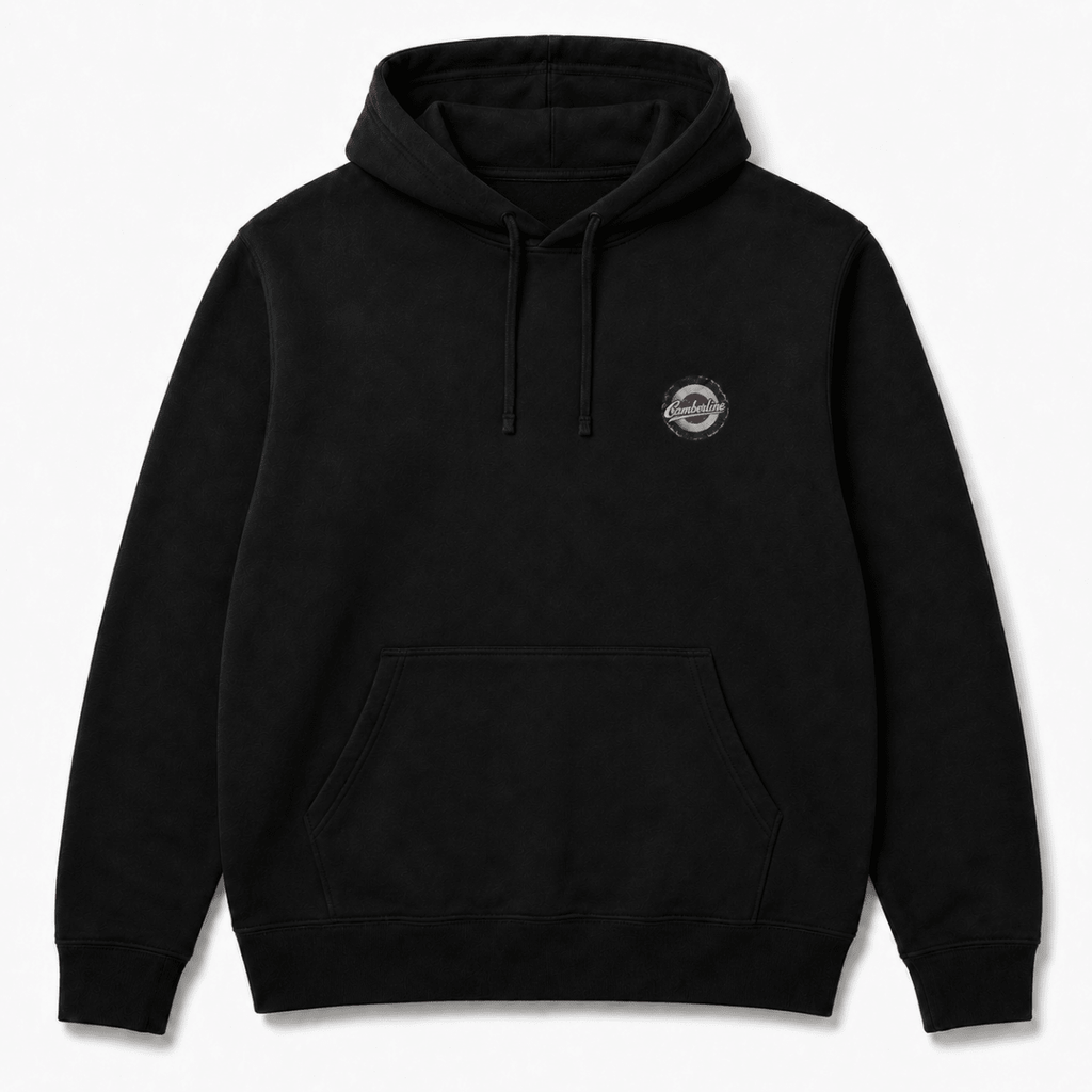 Front product view of the black hoodie with small Camberline left-chest print