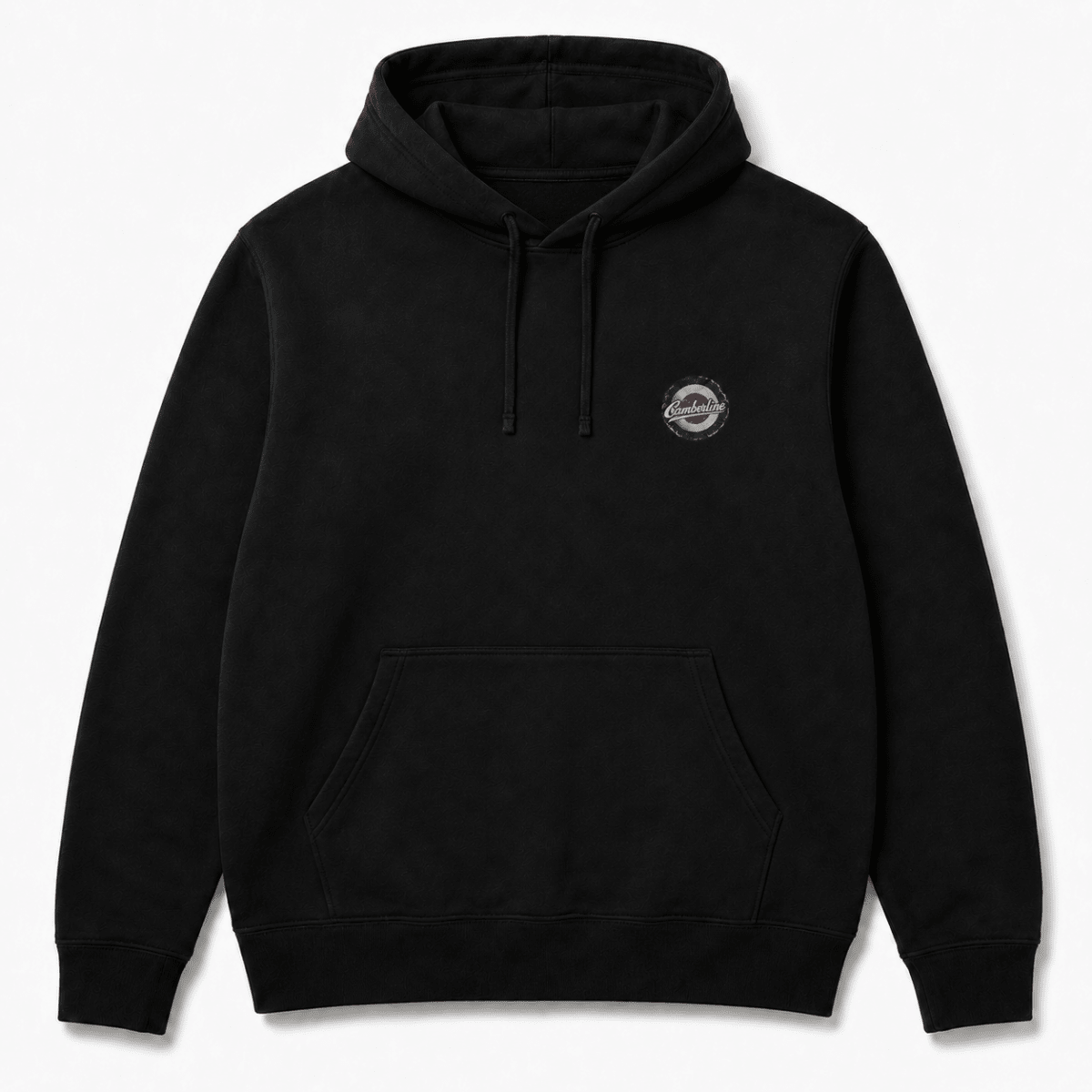 Front product view of the black hoodie with small Camberline left-chest print