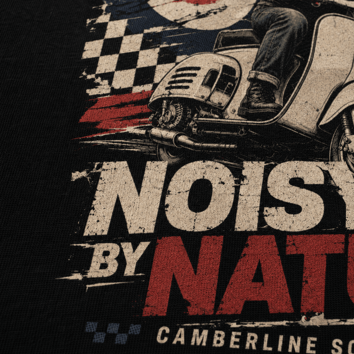 Close-up of the Noisy by Nature vintage scooter premium halftone DTF print on black hoodie fabric