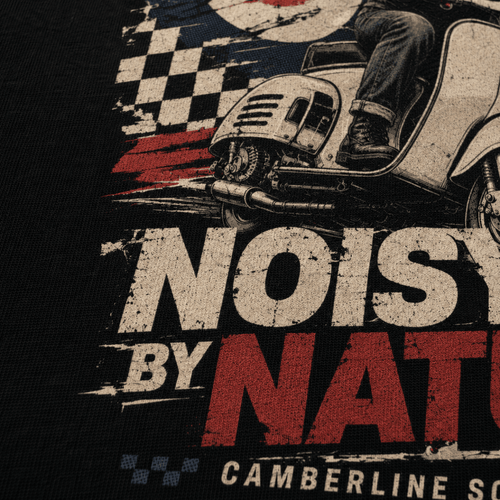 Close-up of the Noisy by Nature vintage scooter premium halftone DTF print on black hoodie fabric