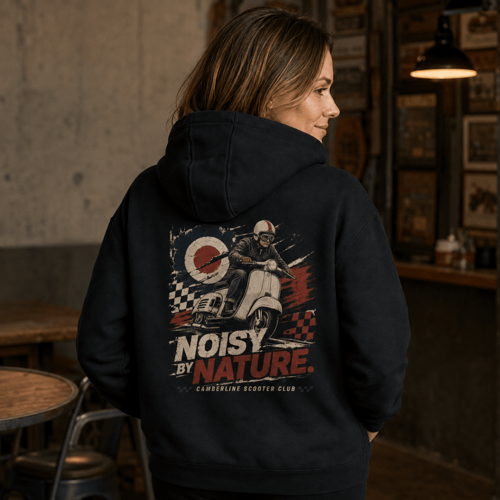 Model wearing a black Noisy by Nature vintage scooter graphic hoodie, back print view