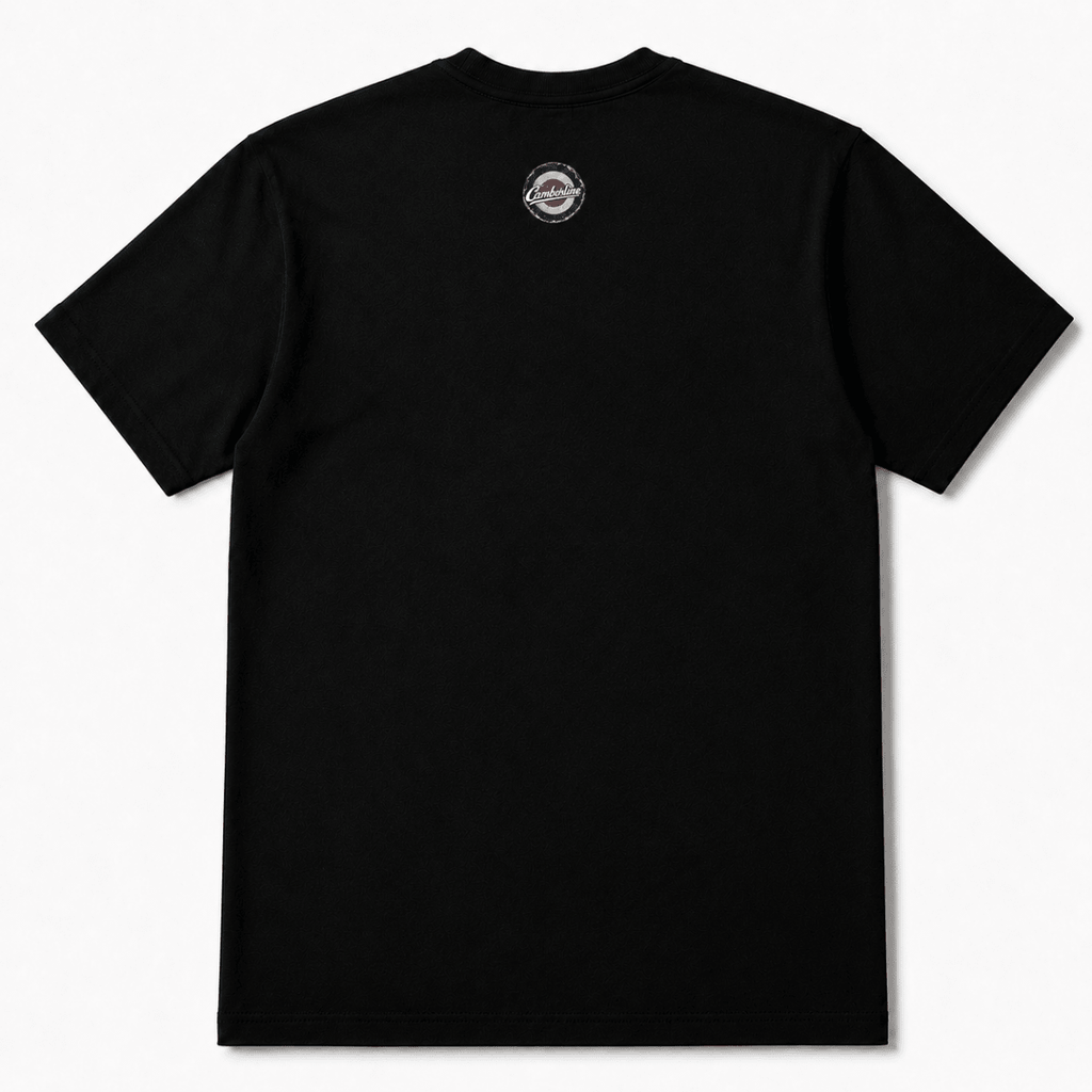 Back product view of the black T-shirt with small Camberline nape print