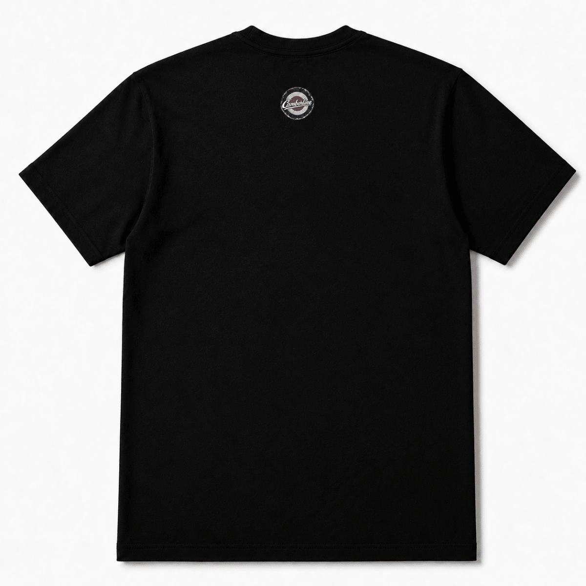 Back product view of the black T-shirt with small Camberline nape print