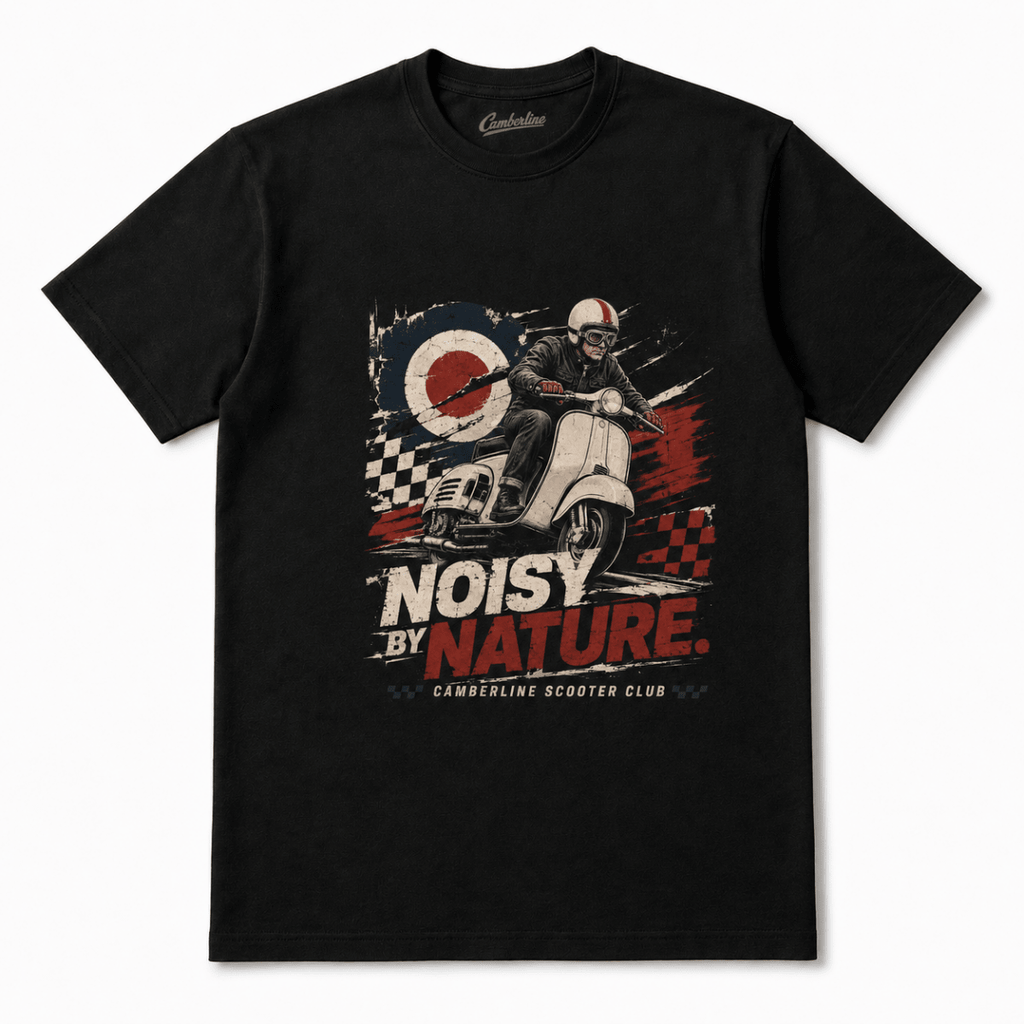 Front product view of the black Noisy by Nature scooter graphic T-shirt