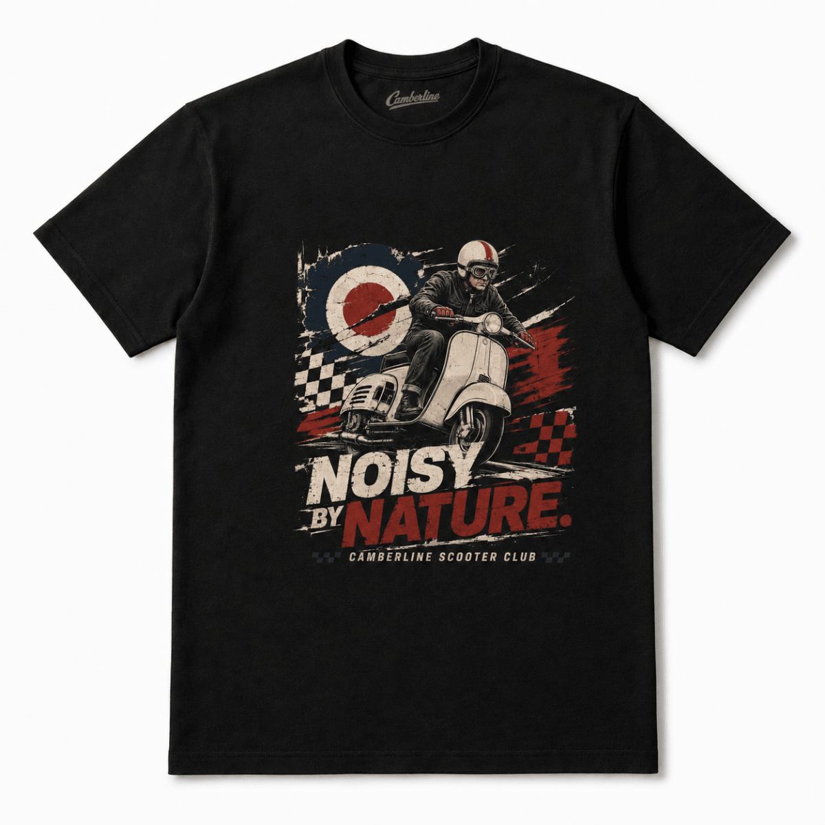 Front product view of the black Noisy by Nature scooter graphic T-shirt