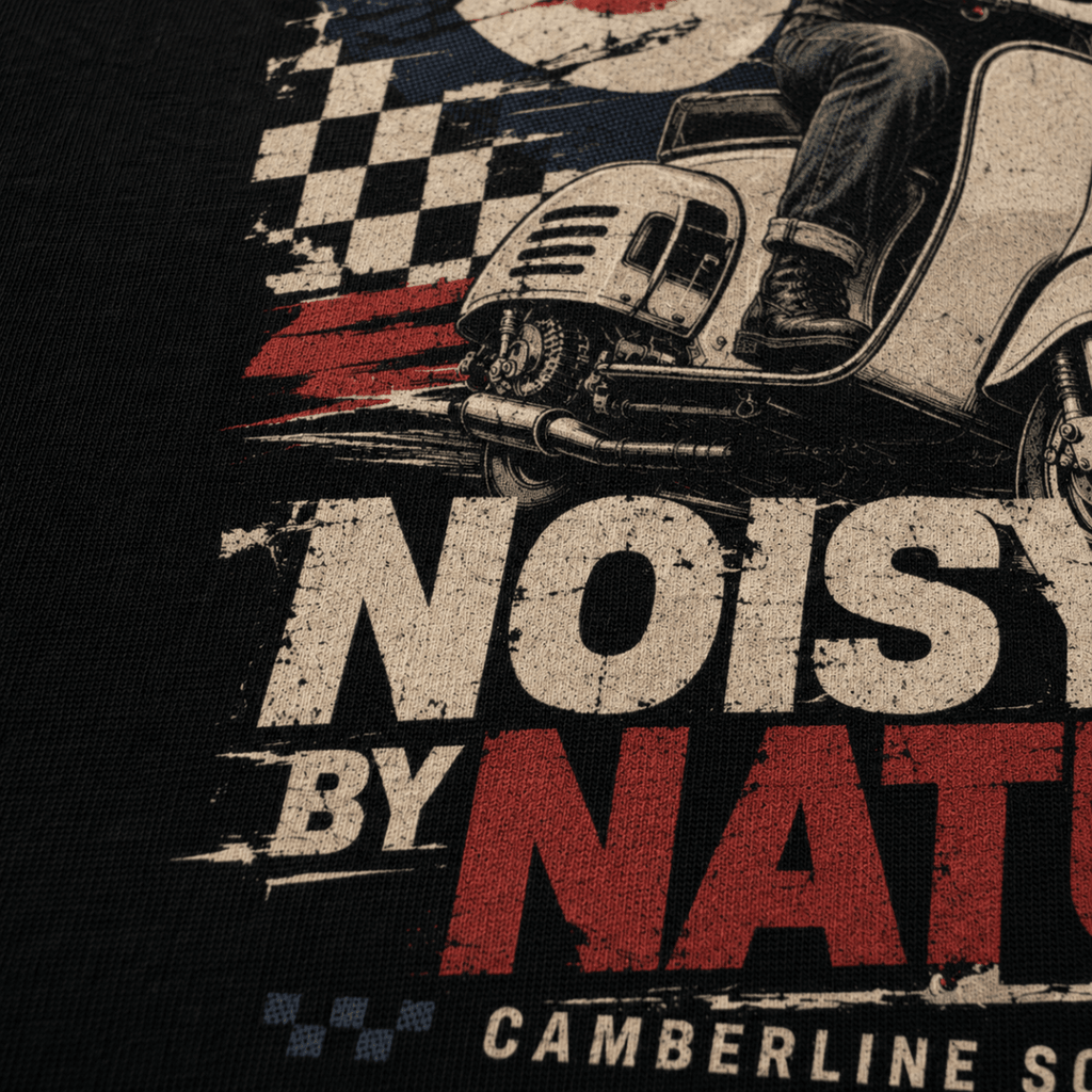 Close-up of the Noisy by Nature vintage scooter premium halftone DTF print on black fabric