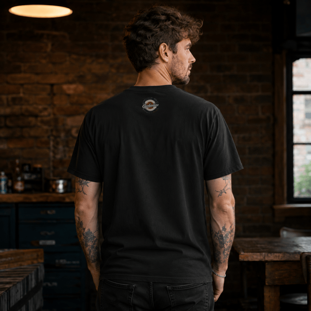 Back view of model wearing the black Camberline T-shirt with nape print