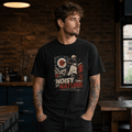 Model wearing a black Noisy by Nature vintage scooter graphic T-shirt, front view