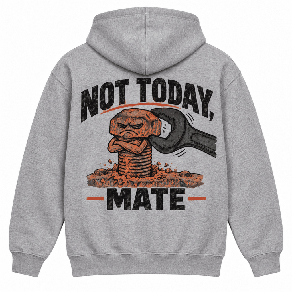 Not Today Mate stubborn bolt mechanic hoodie in sport grey (heather grey), back garment view – car-hd-0800