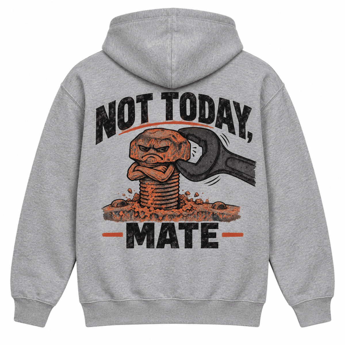 Not Today Mate stubborn bolt mechanic hoodie in sport grey (heather grey), back garment view – car-hd-0800