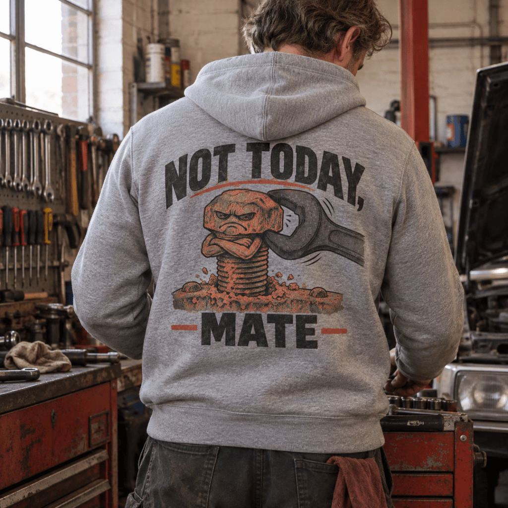 Not Today Mate stubborn bolt mechanic hoodie in sport grey (heather grey), model back – car-hd-0800