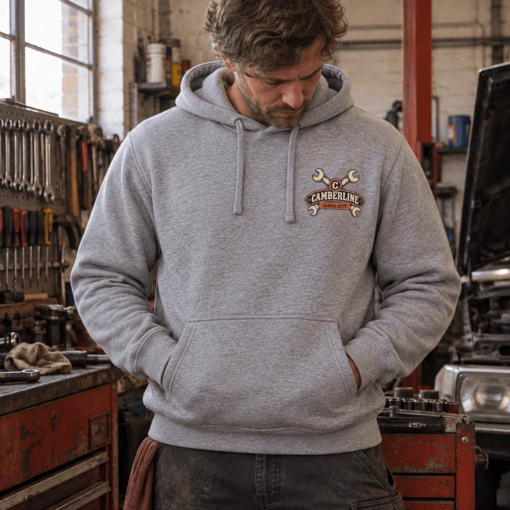 Not Today Mate stubborn bolt mechanic hoodie in sport grey (heather grey), model front – car-hd-0800