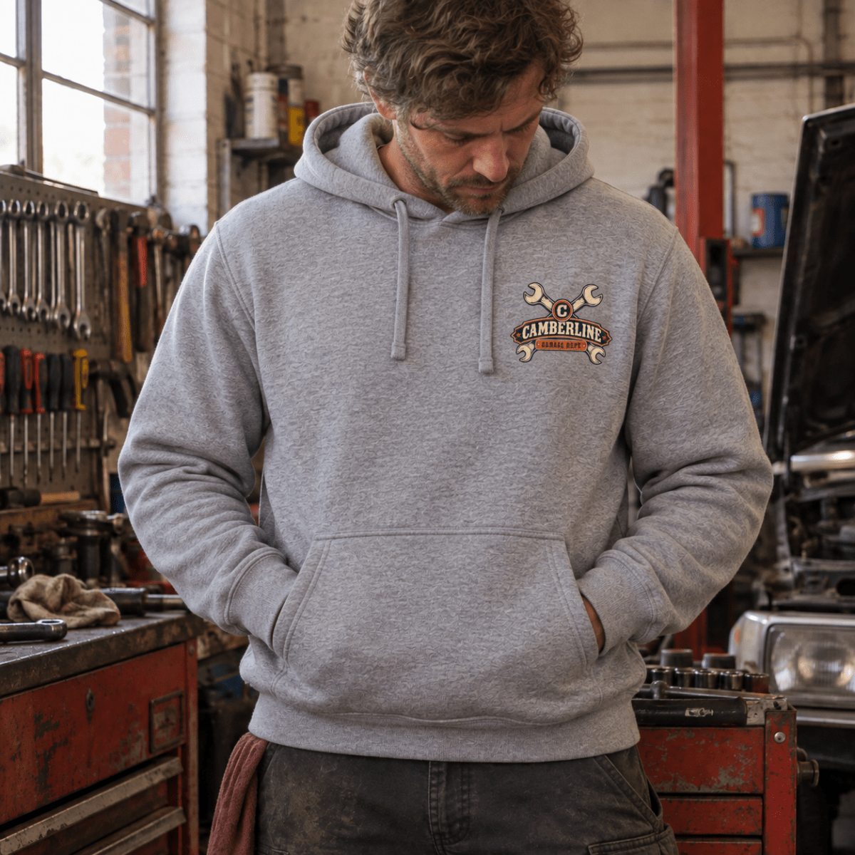 Not Today Mate stubborn bolt mechanic hoodie in sport grey (heather grey), model front – car-hd-0800