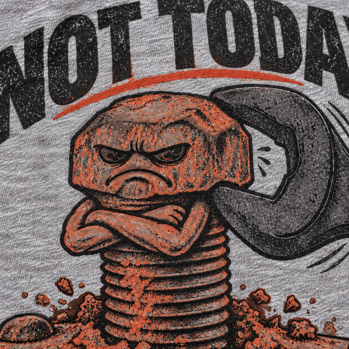 Not Today Mate stubborn bolt mechanic t-shirt in sport grey (heather grey), print close-up – car-ts-0800