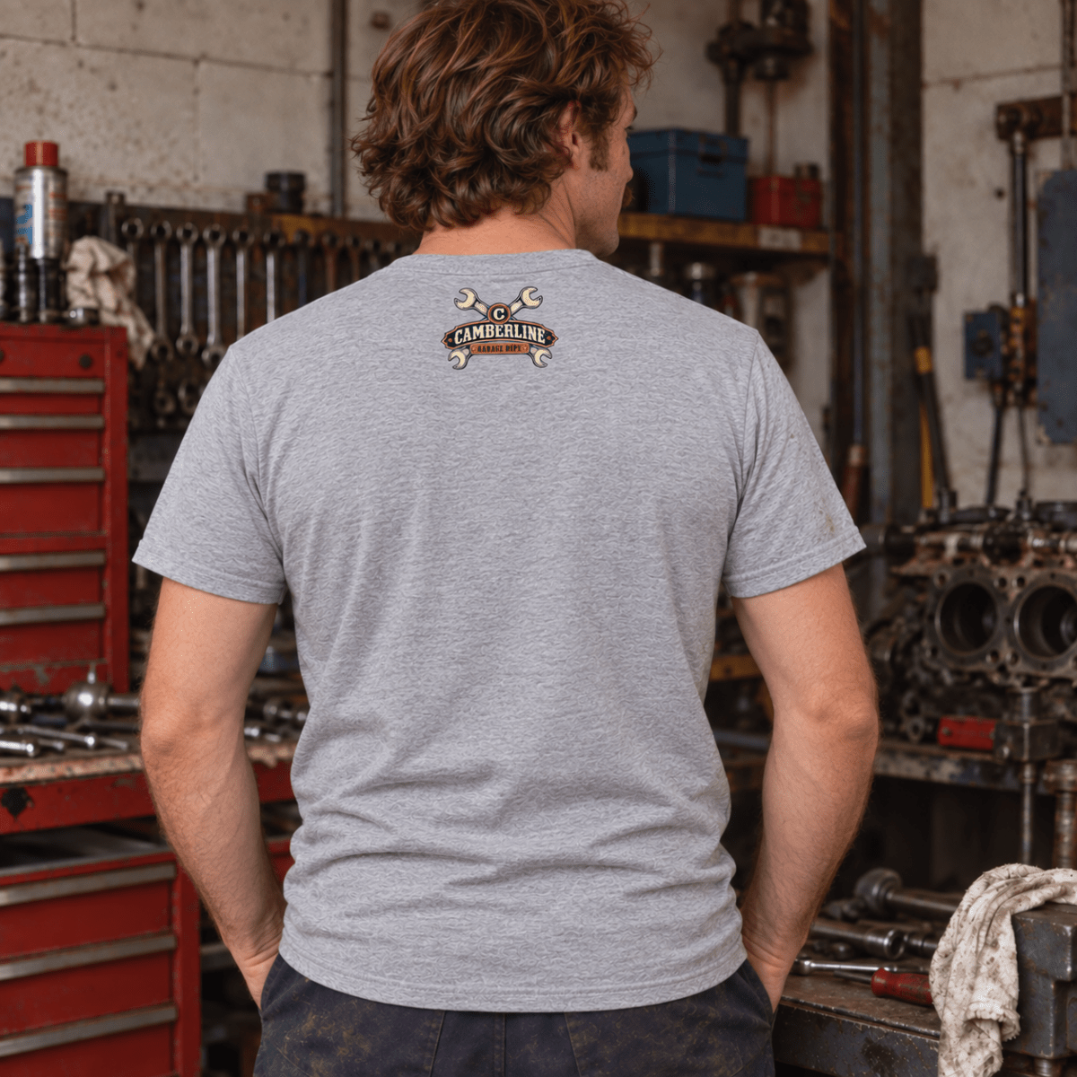 Not Today Mate stubborn bolt mechanic t-shirt in sport grey (heather grey), model back – car-ts-0800