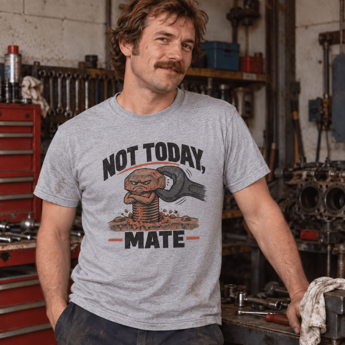 Not Today Mate stubborn bolt mechanic t-shirt in sport grey (heather grey), model front – car-ts-0800
