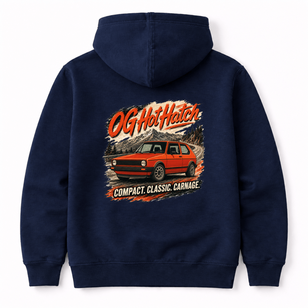 Camberline Cars OG Hot Hatch Classic Hoodie in Navy — back view showing the Camberline Cars graphic print