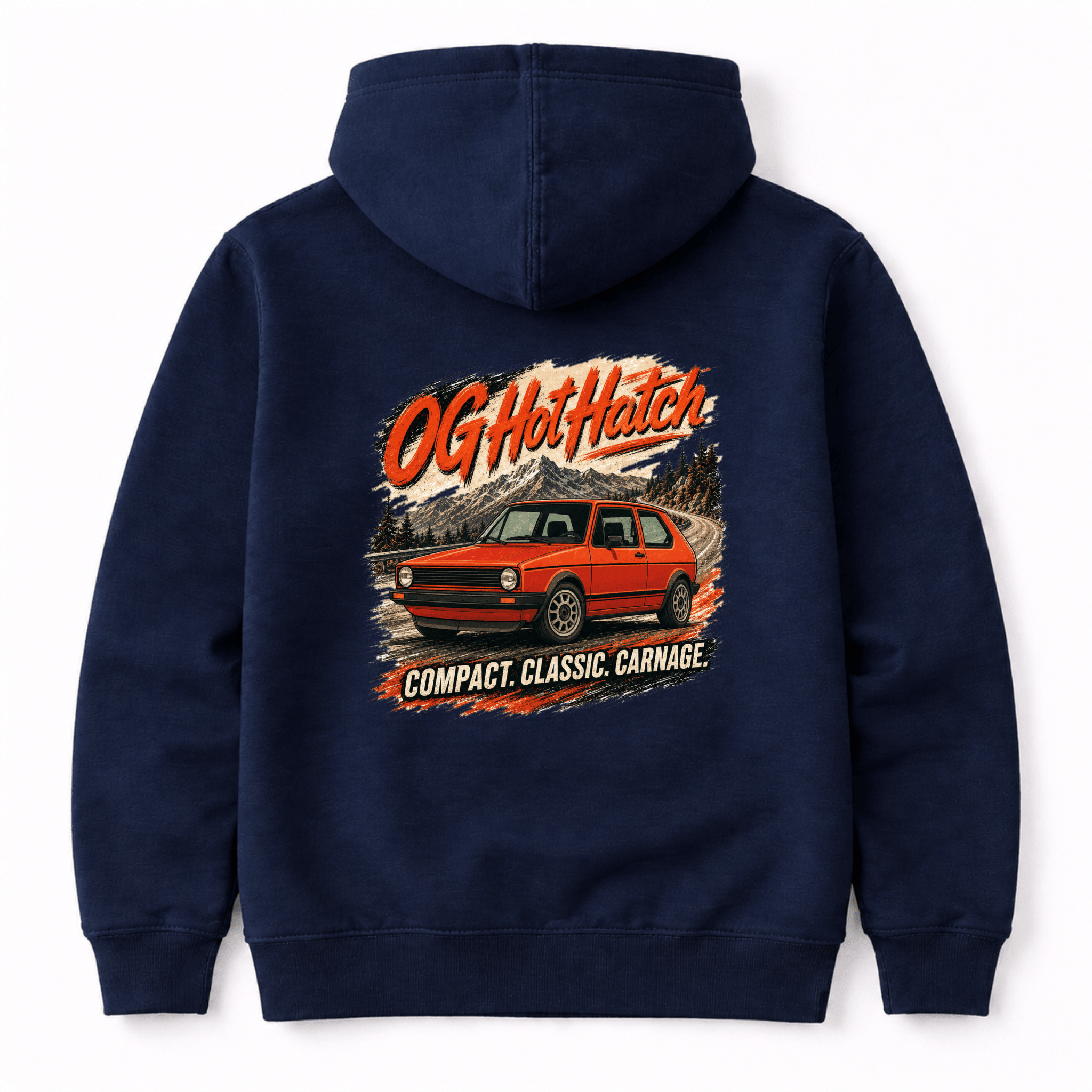 Camberline Cars OG Hot Hatch Classic Hoodie in Navy — back view showing the Camberline Cars graphic print