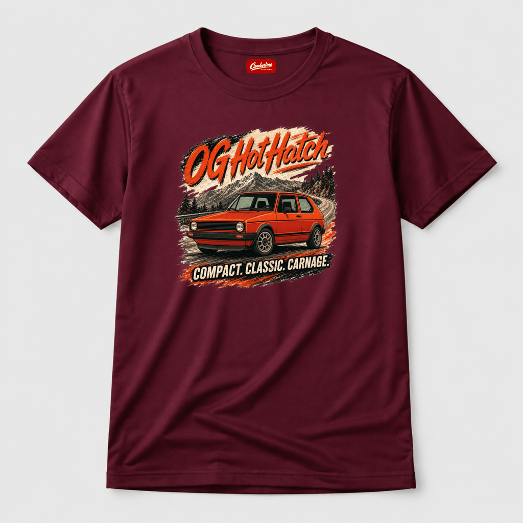 Maroon t-shirt with a graphic of a red car and text on a white background