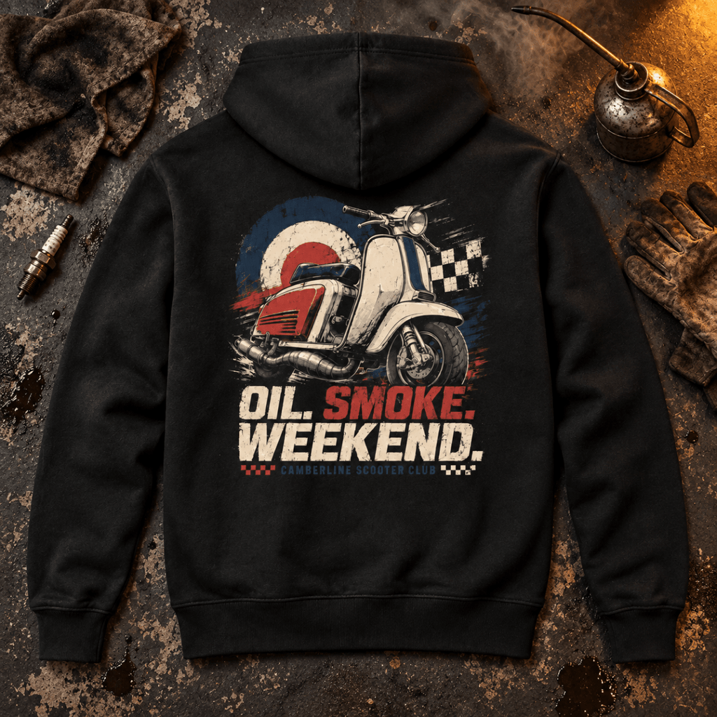 Oil Smoke Weekend vintage scooter black hoodie back hero in an oil-dark workshop