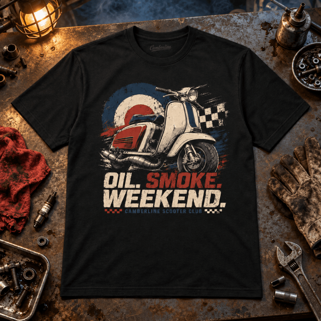 Oil Smoke Weekend vintage scooter black T-shirt front hero in a two-stroke garage