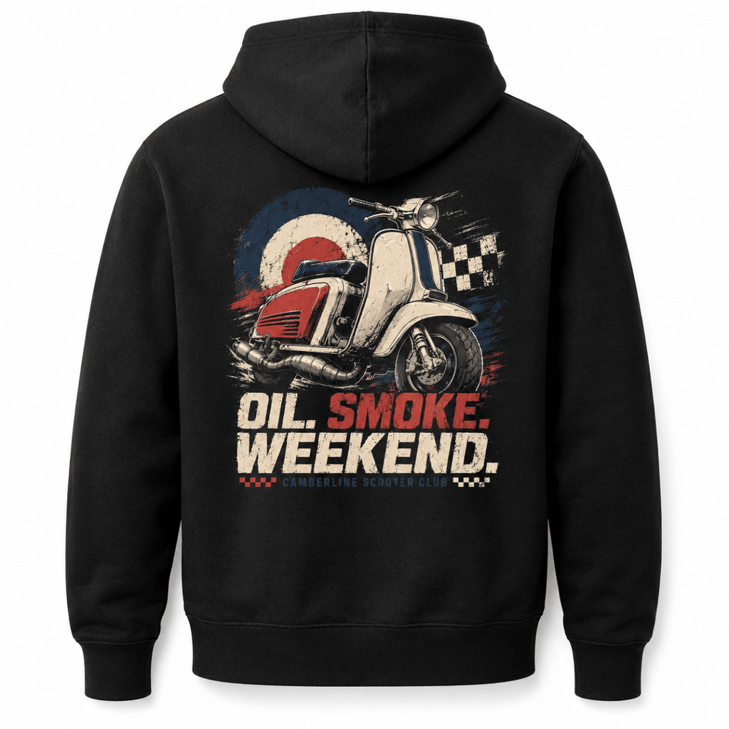 Back product view of the black Oil Smoke Weekend scooter graphic hoodie