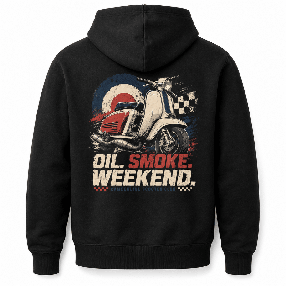 Back product view of the black Oil Smoke Weekend scooter graphic hoodie