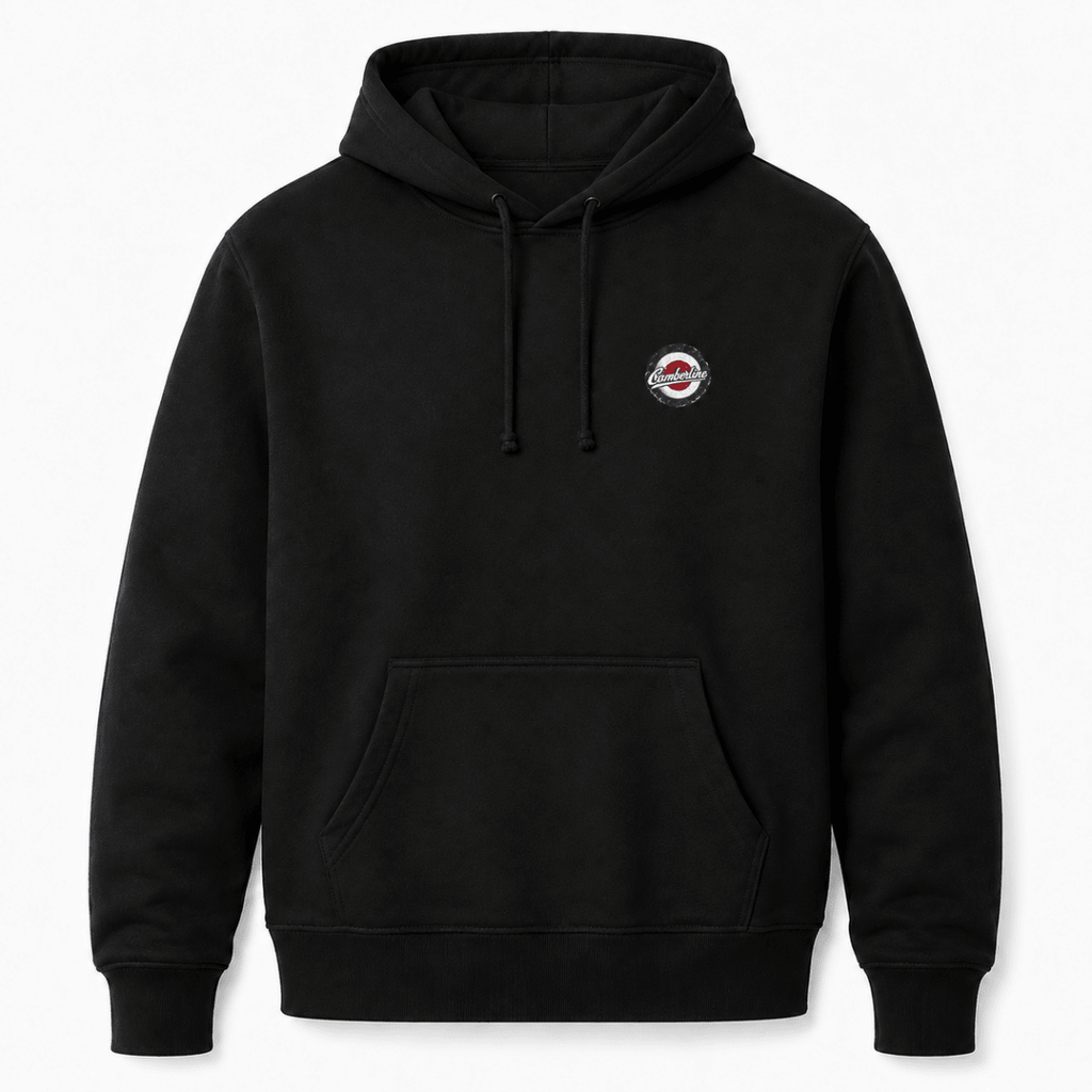 Front product view of the black hoodie with small Camberline left-chest print