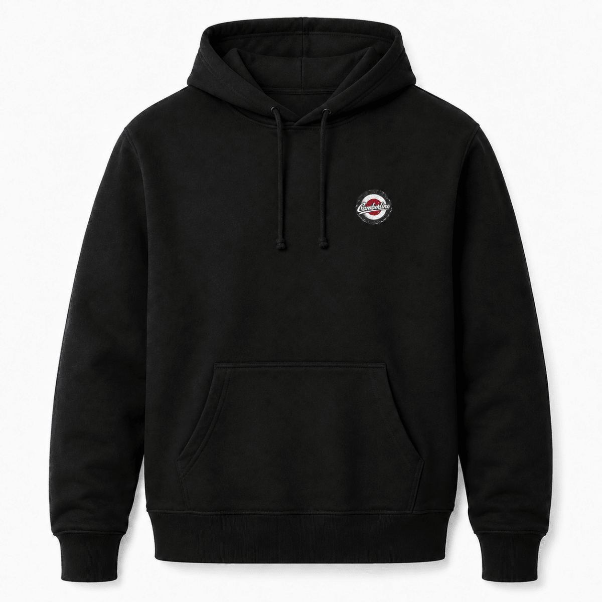 Front product view of the black hoodie with small Camberline left-chest print