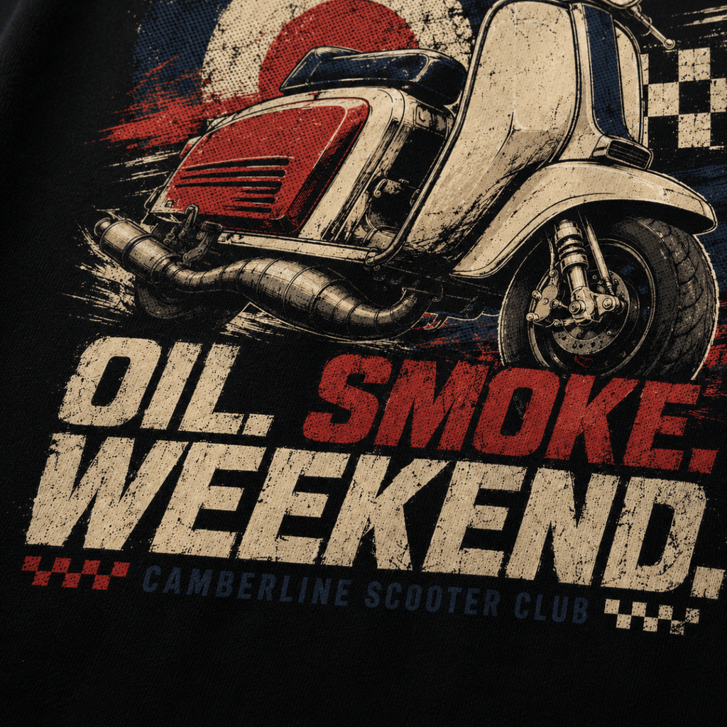 Close-up of the Oil Smoke Weekend vintage scooter premium halftone DTF print on black hoodie fabric