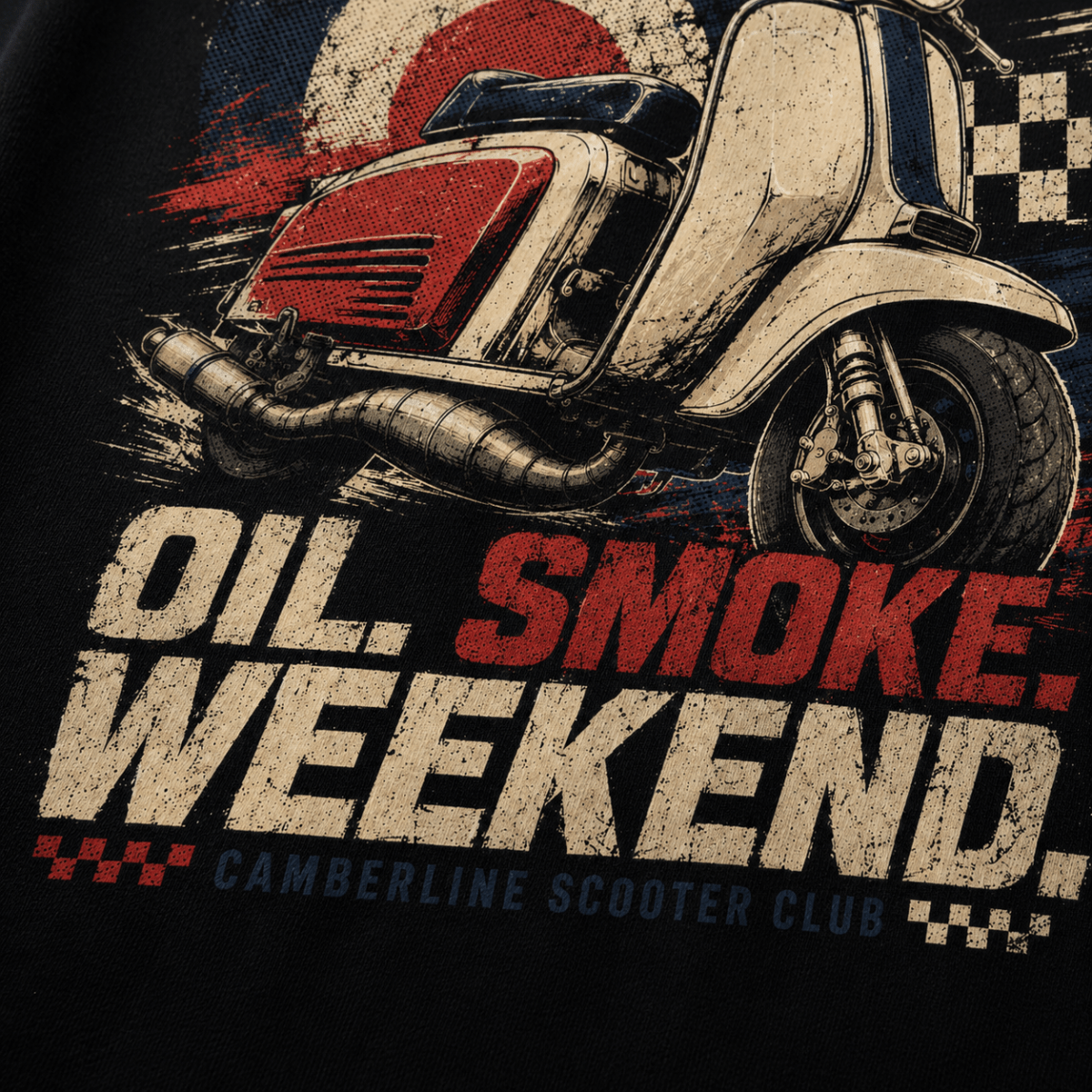 Close-up of the Oil Smoke Weekend vintage scooter premium halftone DTF print on black hoodie fabric