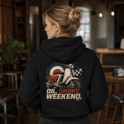 Model wearing a black Oil Smoke Weekend vintage scooter graphic hoodie, back print view