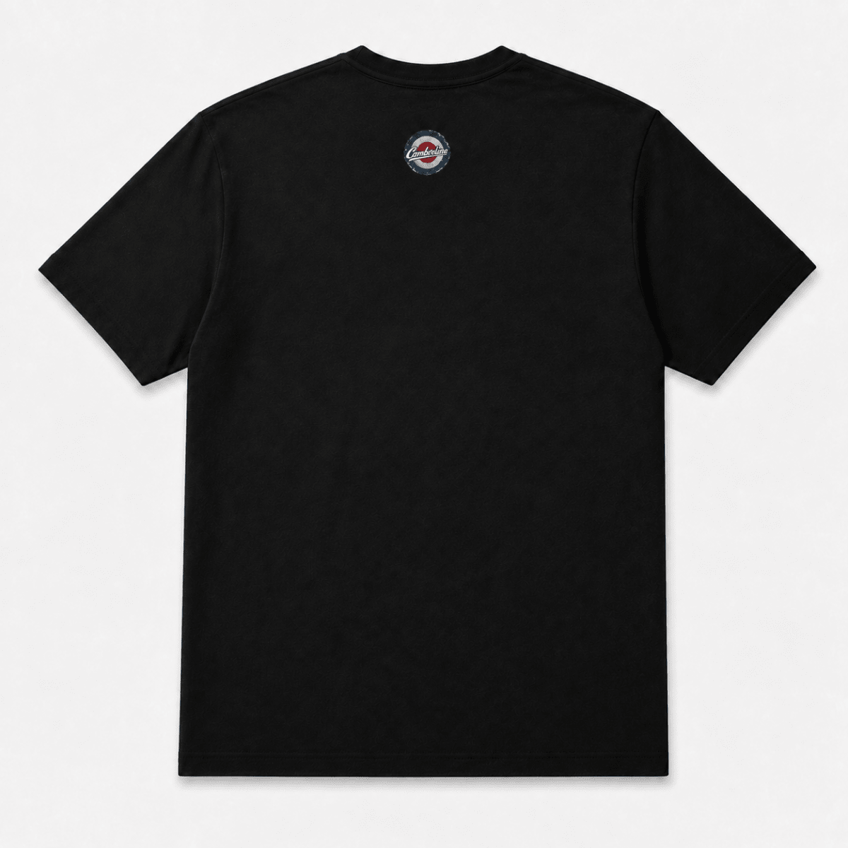 Back product view of the black T-shirt with small Camberline nape print