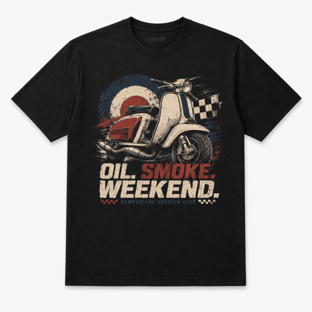 Front product view of the black Oil Smoke Weekend scooter graphic T-shirt